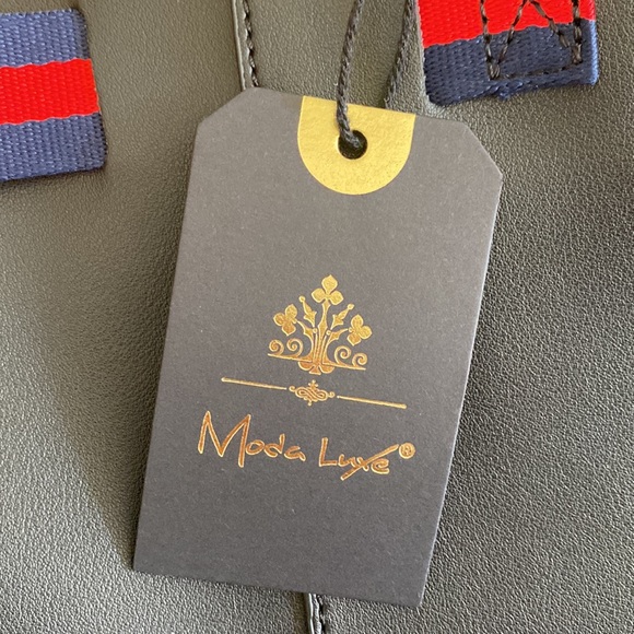 NWT Moda Luxe Black Dutchess Tote Bag - black with red and navy striped ribbon - Picture 3 of 7